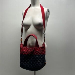 MZ Wallace Sutton Delux Bag Quilted Purse Crossbody Two Tone Red Navy Blue